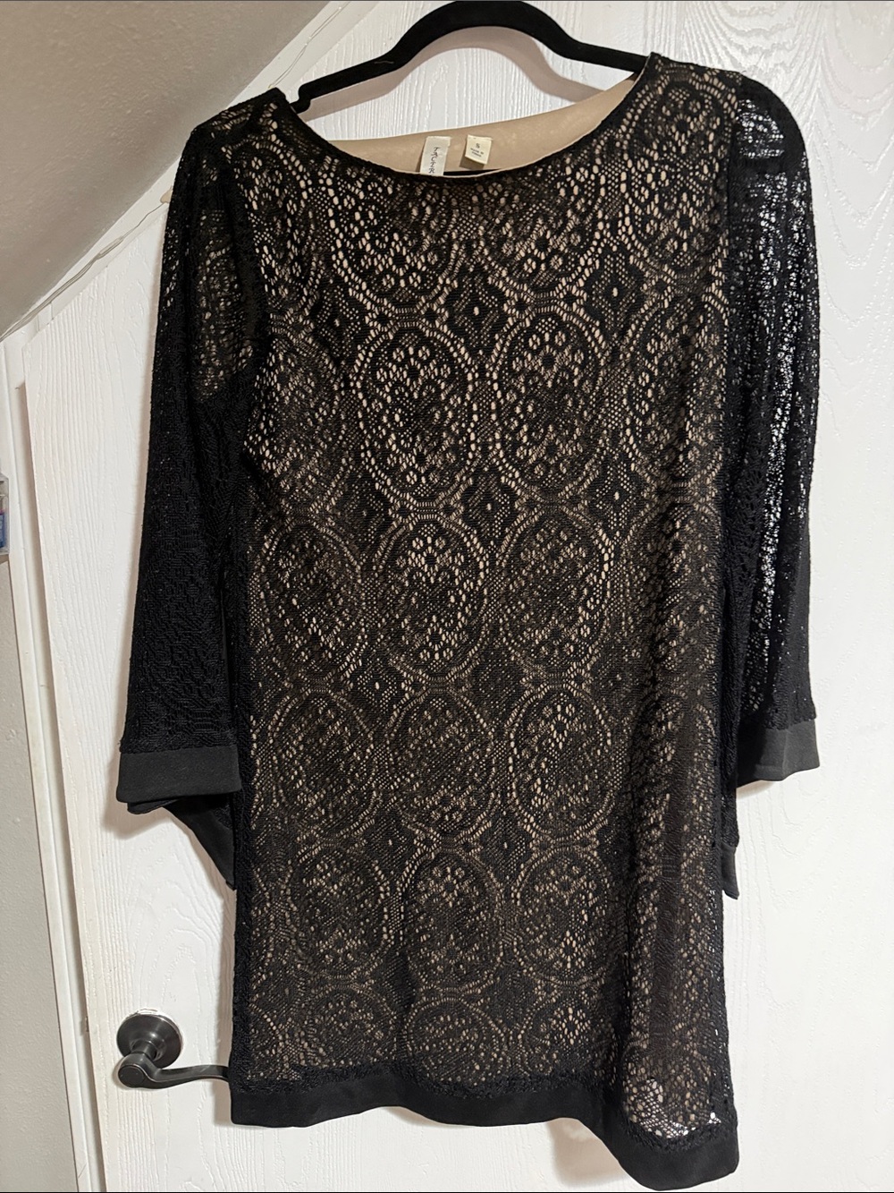 Tacera Black Lace Long Sleeve Dress with Nude Lining